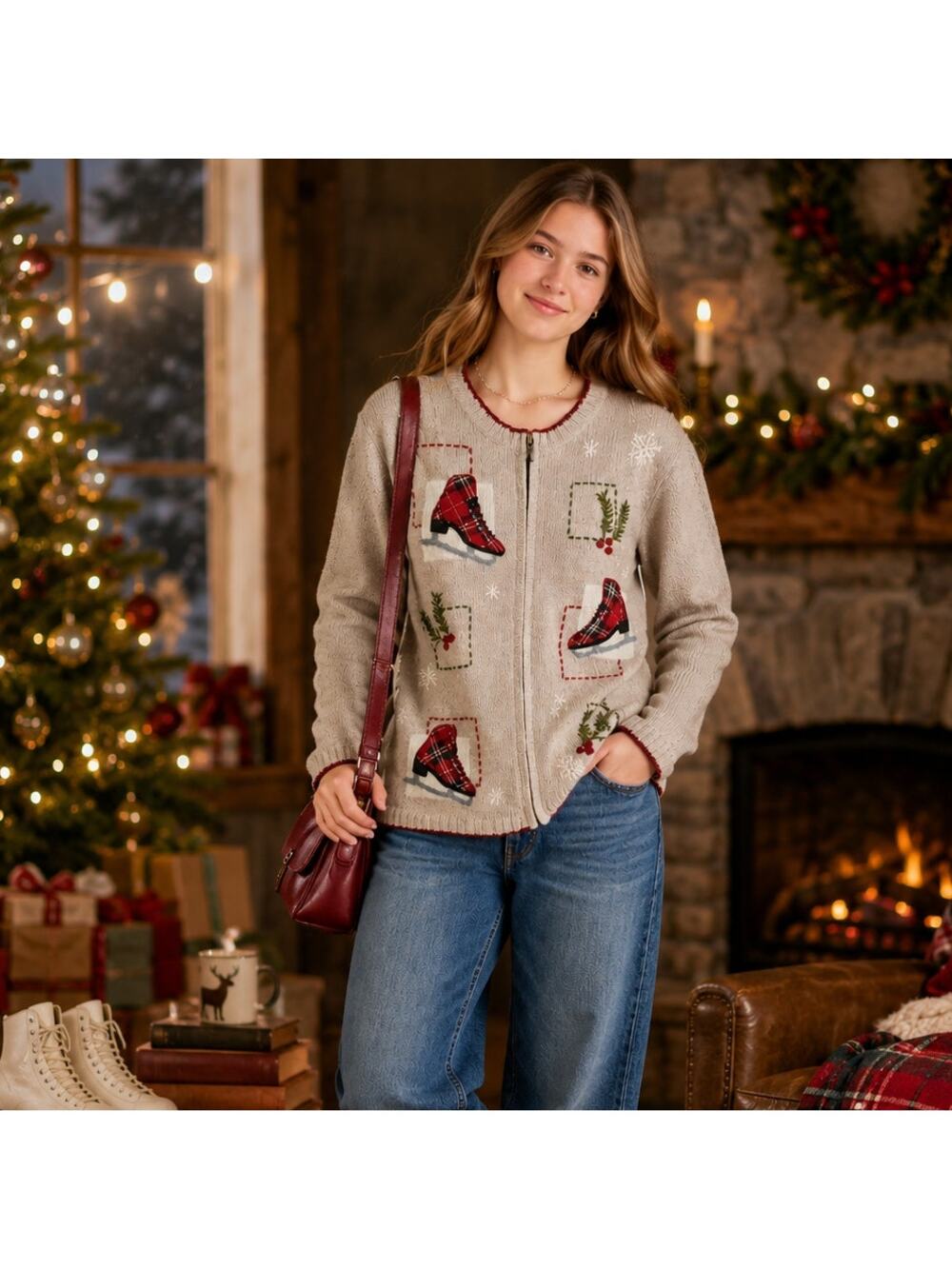 Croft & Barrow VTG SZ M Wool Angora Holiday Full-Zip Sweater Tartan Ice Skates